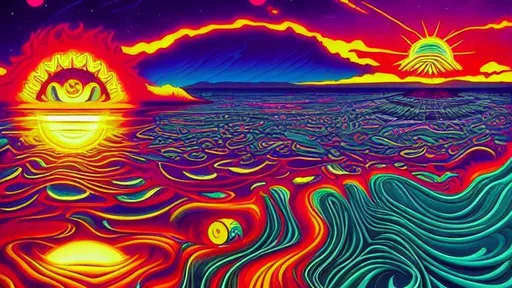 Prompt: Hypnotic illustration of a sun and sea, hypnotic psychedelic art by Dan Mumford, pop surrealism, dark glow neon paint, mystical, Behance
