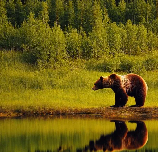 Prompt: National Geography style front-view medium-full photo shot on Fujifilm Pro 400H of a bear looking at its reflection image on a calm river water surface. Midnight sun lighning, peaceful lapland nature scene