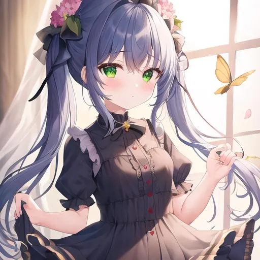 Prompt: (masterpiece, best quality:1.2), illustration, absurdres, highres, extremely detailed, 1 petite girl inside a (sandglass), navy long hair, small double pigtails, green eyes, eye highlights, dress, short puffy sleeves, frills, flower, fluttering petals, upper body, depth of field, (:d:0.8), chromatic aberration abuse,pastel color, Depth of field, purple tint,(purple fog:1.3)