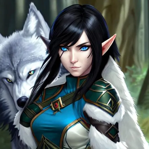Prompt: Female elf ranger with black hair and blue eyes. She has a jagged scar across one cheek. She has a spirit wolf companion. 