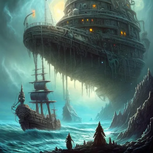 Prompt:  fantasy art style, painting, sea, smog, fog, deep ocean, Norse, Norse mythology, ancient, pirates, pirate ship, dome, glass dome, waves, mist, naval ship, utopia, warship, biological mechanical war machine, war machine, tubes, pipes, warship, snakes, serpents, eels, tentacles, octopus, jellyfish, giant ship, camouflage 