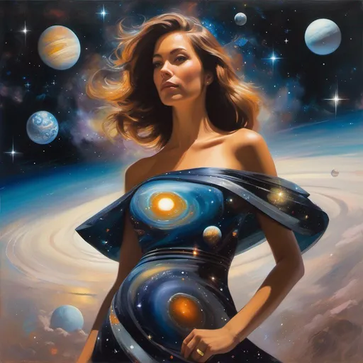 Prompt: a woman wearing outer space as a dress, Greg Rutkowski