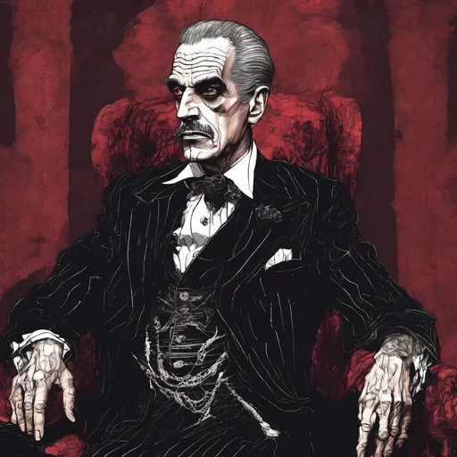 Prompt: (Boris Karloff and Vincent Price), Black and White pen and ink sketch style, dark color scheme, elegantly gothic attire, intricate details, dim lighting, dramatic shadows, opulent background, luxurious textures, ornate furniture, deep reds and blacks, baroque patterns, solemn atmosphere, rich color tones, dark romanticism, ultra-detailed, 4K, photorealistic masterpiece, timeless elegance.