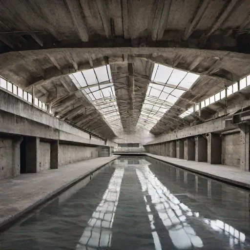 Prompt: a aircraft hangar surrounding a river, brutalist architecture