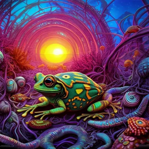 Prompt: psychedelic, twisted, cinematic, 3D, HD, {Frog}Magician, fish, snails, kelp, expansive psychedelic background, sunset, hyper realistic, 8K --s98500