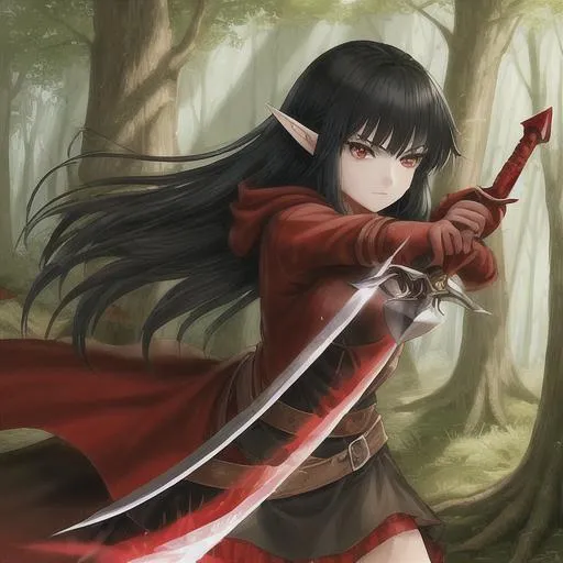 Prompt: Red Riding Hood, sharpening a sword, in the middle of a forest, DND style drawing, teenager, black hair, elf