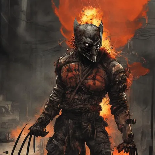 Prompt: Redesigned Gritty black and copper (some iodised) dark evil phantom-wolverine. Injured. Bloody. Hurt. Damaged mask. Accurate. realistic. evil eyes. Slow exposure. Detailed. Dirty. Dark and gritty. Post-apocalyptic Neo Tokyo with fire and smoke .Futuristic. Shadows. Sinister. Armed. Fanatic. Intense. 