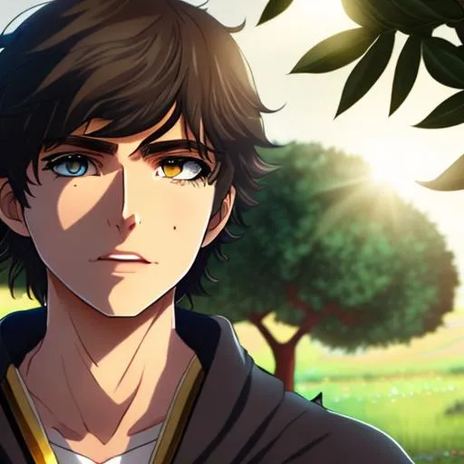 Prompt: Realistic photo of handsome 15 years old Nico di angelo looking down with love in his eyes above you with a divine presence. Beautiful action scene art. hi is wearing an black roman toga. he is wearing a golden laurel wreath, light from a ray of sunlight that is distorted by the leaves of an olive tree. he is under a olive tree, UHD, hd , 8k, , Very detailed, panned out view of character, zoomed out view of whole character