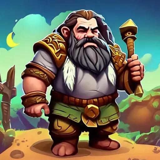 Prompt: dwarf from deep rock galactic, handsome, short, has long axe, is ridding camal