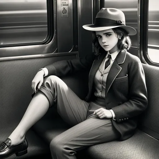 Prompt: old time photo of young emma Watson, dressed with 1920s hair, mens pants, wearing a fedora, sitting on train, raw photo, photorealistic, High Detail, dramatic, UHD, HDR raw photo, realistic, sharp focus, 8K high definition, insanely detailed, intricate, high quality, 