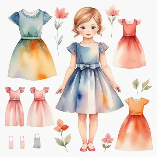 Prompt: young girl, elegant children's dress, standing straight, arms to the sides, paper doll, watercolor,