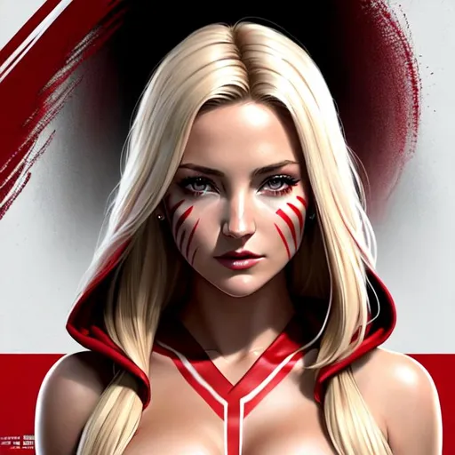 Prompt: Modern movie poster of Kate Hudson, 20 years old with red warpaint on face, wearing hooded, white tribal skin tight robe, parted bangs, blonde hair, brown eyes, ethereal, jewelry set balayage wild hair, royal vibe, highly detailed, digital painting, Trending on artstation , HD quality, tan skin, Big Eyes,artgerm, by Ilya Kuvshinov 