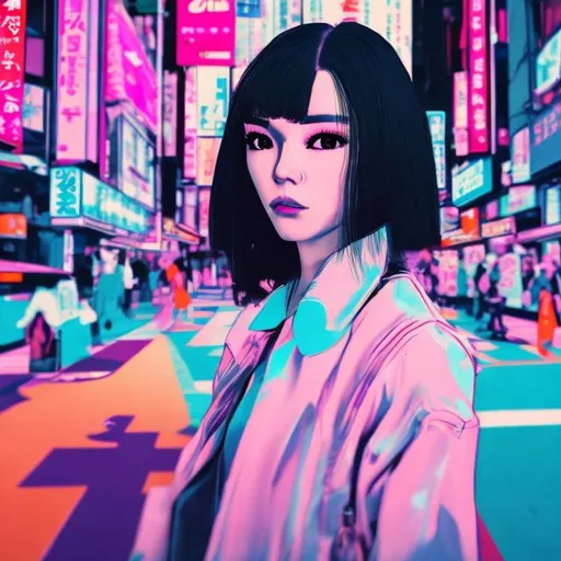 Prompt: a transgender woman in japan, looking at the camera, realistic, futuristic, 4K, in the background the metaverse, neon, in the style of Andy warhol, vibrant pastels, very colorful