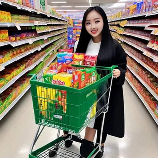 Prompt: Olivia Hye shops at the Asian supermarket with her cart full of groceries