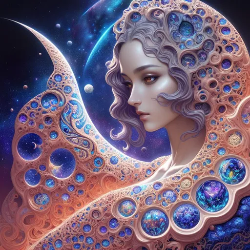 Prompt: full color newton clusters fractal space sun and moon on voronoi background, Beautiful alien, fantasy, intricate, highly-detailed, elegant, dramatic lighting, gorgeous face, lifelike, photorealistic face, curl long Hair, long luxurious lace gown, digital painting, artstation, illustration, concept art, smooth, sharp focus, art by Jude Palencar, Luis Royo, John Collier and Albert Aublet and Krenz Cushart and Artem Demura and Alphonse Mucha, highly detailed painting, looking at viewer, portrait, photography, detailed skin, realistic, photo-realistic, 8k, highly detailed, full length frame, High detai