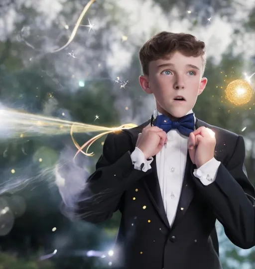 Prompt: 16 year old boy in a tuxedo stretching his magic bow tie casting a spell, and causing a ball of gold sparkling magic to go flying out of the bow ties knot very fast