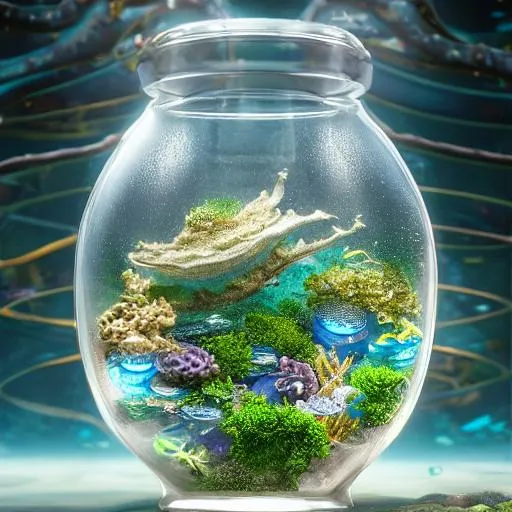 Prompt: Insanely detailed digital concept art painting of a tiny ocean inside a glass jar, intricate, maximalism, filigree, substance designer, volumetric lighting, shadow depth, depth of field, sharp focus, bokeh, 16k resolution, HDR, unreal engine 5, high detail, oceanic life