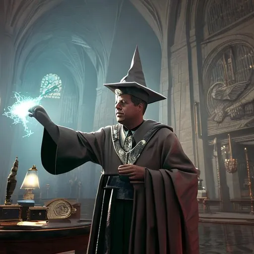 Prompt: JFK wearing wizard robes, wearing wizard hat, casting a spell, medieval theme, ultra high detail, lighting, shaders