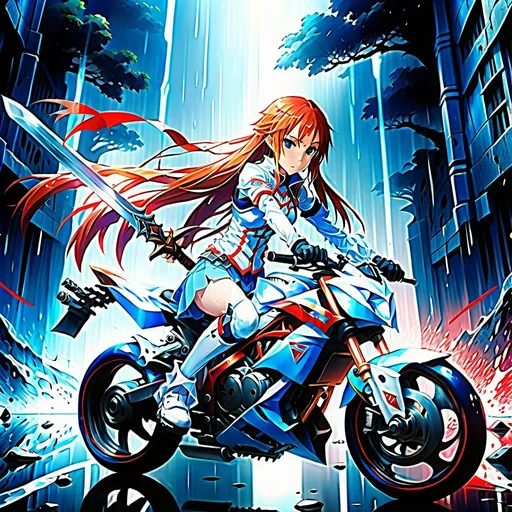 Prompt: Anime illustration of Asuna, full body, wet body, see-through pantie, intense gaze, high-quality, anime style, detailed eyes, sleek design, professional, atmospheric lighting, intense red and blue tones, fantasy setting, sword, wet hair, detailed skin texture, motorcycle crash, dead