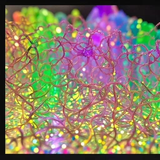 Prompt: Hyper-Chromatic Nanogenerator: Prompt: "Envision an intricate array of shimmering, micro-scale crystals connected by fine, luminescent tendrils. These crystals constantly shift colors, absorbing light from the environment and generating a vivid spectrum of energy as they vibrate."