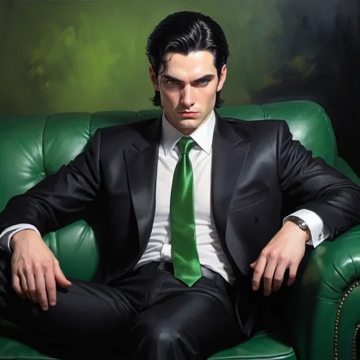 Prompt: one person, romance novel cover art, oil painting, professional work, dynamic lighting, from waist up

appearance: man, pale skin, slicked-back black hair, black suit, green tie, dark green eyes, villainous

expression: impatient, glaring

pose: sprawled on black leather couch

background: solid green and black, VIP lounge

camera angle: hip level shot