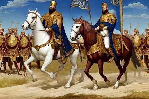 Prompt: Byzantine empire emperor on a horse leading an army