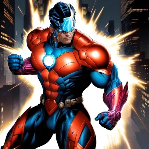 Prompt: Bishop from Marvel Comics, (dynamic pose), muscular build, serious expression, wearing a futuristic armored suit, detailed gloves and boots, (high-tech visor) glowing, (vibrant colors) with deep blues and fiery reds, (electric energy) surging around him, striking a heroic stance, (comic book style) with intricate linework, set against an action-packed urban backdrop, (4K, ultra-detailed).