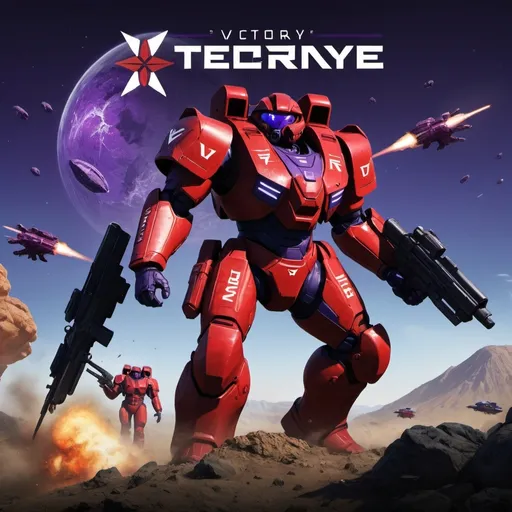 Prompt: "Create a modern-style propaganda poster for the Terran Republic (TR) from Planetside 2, featuring a powerful and dynamic red TR soldier triumphantly crushing the weak and defeated Vanu Sovereignty (VS) and New Conglomerate (NC) enemies. The imagery should evoke classic wartime visuals, with the TR soldier symbolizing unstoppable force, vividly depicted as 'red killing purple and blue.' Incorporate the slogan 'Victory Through Strength' in bold, vintage typography at the top. Use the iconic Planetside 2 color palette, with a strong emphasis on red for TR, while purple and blue represent the subdued VS and NC. Add a short shoutout that highlights the TR's dominance and the chaos they've unleashed on the battlefield."