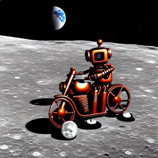 Prompt: Robot riding a motorcycle around the moon 