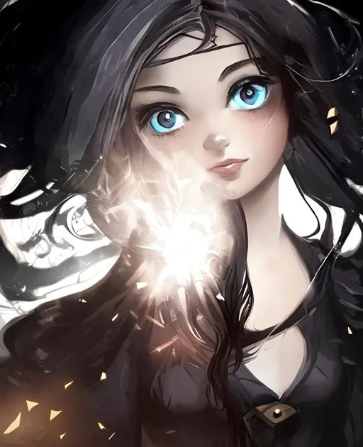 Prompt: beautiful woman with black long hair , thin , blue eyes , holding a hammer ,mahwa, mystery , dark theme
