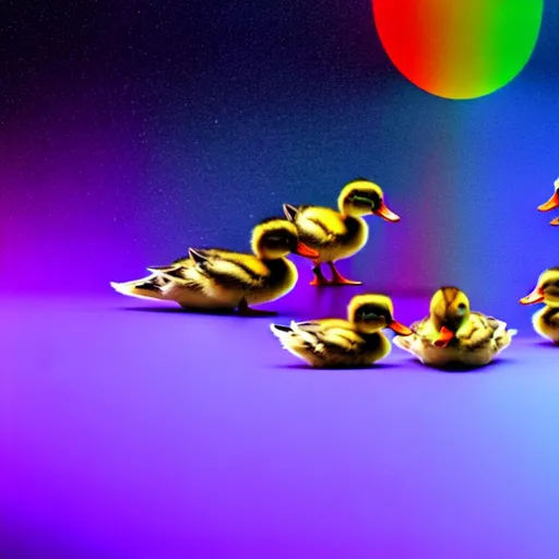 Prompt: ducklings on a rainbow, outer space, highly detailed, liminal space, 3d blender render, heavenly lighting, ethereal atmosphere