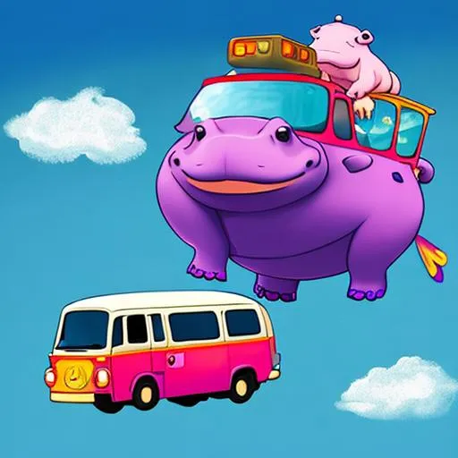 Flying Hippo riding magic bus OpenArt