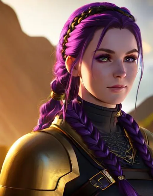 Prompt: Digital art, 20-year-old woman viking, subtle smile, dark purple hair, one braid, light blue eyes, black gear, gold armor, unreal engine 8k octane, 3d lighting, full body, full armor