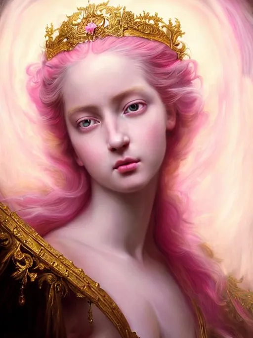 Prompt: hyper realistic painting portrait of the princess of purity and life, pink hair, elaborate golden details, open straight hair, rococo, baroque, intrincate ornaments, caligraphy, cheesy art, octane render, Detailed Digital Art, dynamic lighting, Highly Detailed, Cinematic Lighting, art noveau, in the style of roberto ferri and gustav moreau