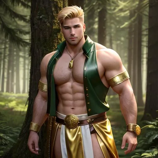 Prompt: a young yet strong man, who is athletic looking, with golden hair with short back and sides. he should look fatherly and kind-hearted full body head to toe, some chest hair with a green toga with gold holding a 
godly appearance
with a woodland theme background
with leather bracer
with a 5 o'clock shadow

