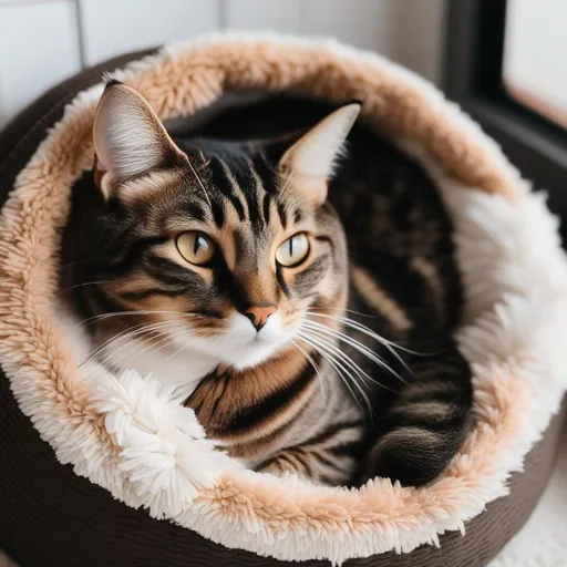 Prompt: brown tabby cat laying in a cat bed
