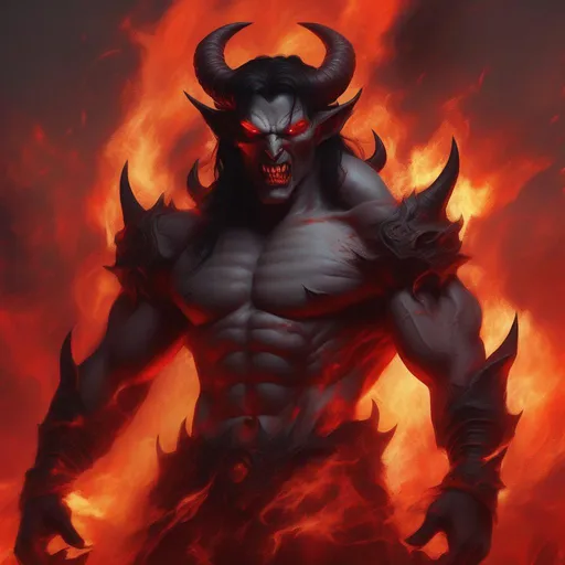 Prompt: stern, realistic, black hair, grey skin, red demon eyes, bright red horns, fire background, hell, souls in background, warm colors, demon,  power, high definition, professional