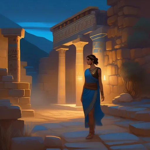 Prompt: Third person, gameplay, Greek girl, olive skin, brown hair, brown eyes, 2020s, Mycenae at night, foggy, blue atmosphere, cartoony style, extremely detailed painting by Greg Rutkowski and by Henry Justice Ford and by Steve Henderson 