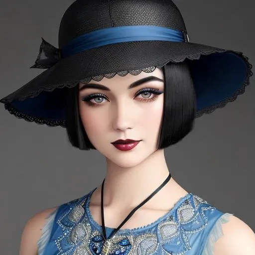 Prompt: a pretty girl  dressed in blue,  dark black hair, flapper, wearing a hat 1920's era, bob hair cut, 1920's era makeup, facial closeup