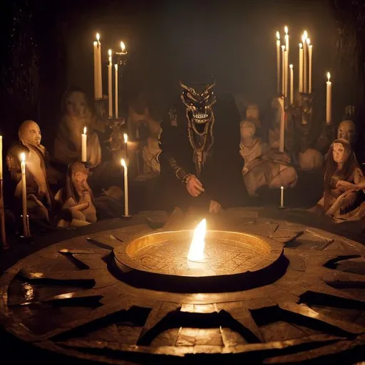 Prompt: A dark ritual to summon a demon performed in a secret room by the wealthiest, most powerful people in the world.