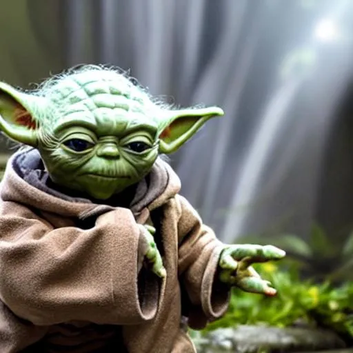 Yoda happy while paying money on a black background | OpenArt