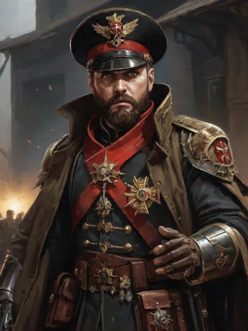 Prompt: (Full-body) oil painting portrait of human male ((Warhammer 40k commissar)) shouting and giving orders to a {40k imperial guard regiment} in background, wielding a 40k (({bolt pistol})), short thick (brown hair), thick full (brown beard), (((Warhammer 40k))), wh40k, fierce expression, Stoic epic standing pose, (piercing brown eyes), professional illustration, painted, art, painterly, {40k imperial guard commissar}, ((heavy flak armor)) {chest piece} breastplate, ornate red and black trench-coat decorated with military medals, ornate military epaulets with ({gold tassels}), ornate (({40k commissar hat})), highly detailed eyes and facial features, (dark tones), highly detailed dark war zone background, impressionist brushwork, dark battlefield background, outside, exterior, astra militarum imperial guard, active war zone background, (wh40k imperial guard) regiment firing lasguns at enemy in background, grimdark, gothic fantasy, ornate officer's shoulder cape, highly detailed hands, worry lines, wizened, (40k {imperial guardsmen} {astra militarum} in background), 
