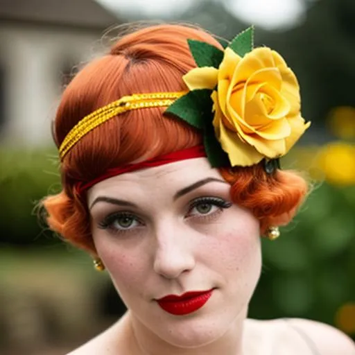 Prompt: 1920s Flapper with a yellow rose  and red hair headpiece 
