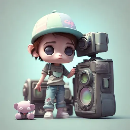Prompt: Tiny cute boy holding 
camera toy, standing 
character, soft smooth 
lighting, soft pastel 
colors, skottie young, 
3d blender render, 
polycount, modular 
constructivism, pop 
surrealism, physically 
based rendering, 
square image