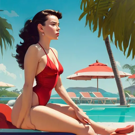 Prompt: Create a masterpiece of a beautiful woman wearing a 1950s red swimsuit sitting in a poolside lounge chair sun tanning at the Beverly Hills Hotel, atey ghailan 8k, ross tran. scenic background, artgerm and atey ghailan, concept art | rhads, looking at the ocean on a beach, andreas rocha style, ilya kuvshinov landscape, by sylvain sarrailh, inspired by Atey Ghailan, standing on a beautiful beach with aqua blue ocean.