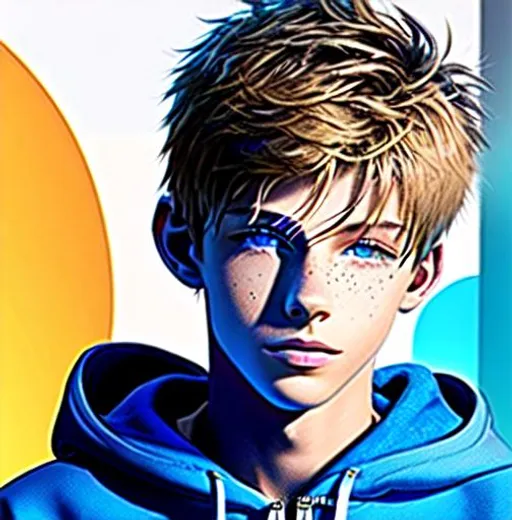 Prompt: Concept art, digital brush, Beautiful young teen boy, (16 year old kid) (messy hair)+ ((hair covering eye))++ emo cut, lightbrownhair boy, hair, sharp gaze, blue eyes, innocent, boy model, 16 years old, hot, pretty, cute, hoodie zipper, cinematic lighting, blue sky, bright colors, blue, green, yellow, white,  luminous, hyperdetailed, great composition, professional, artstation award, (white background)++ 