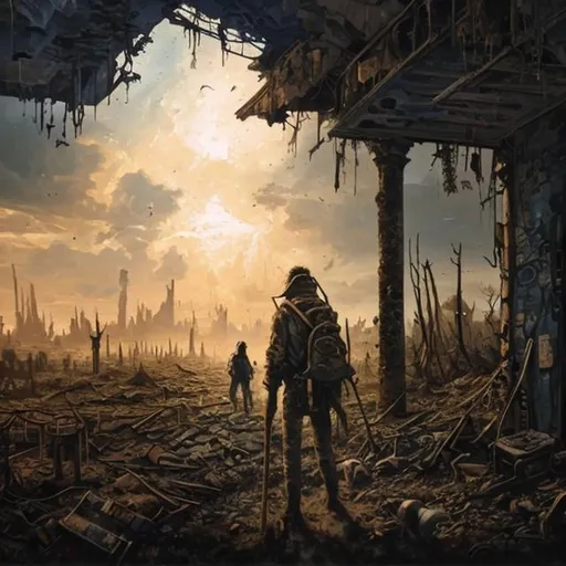 Prompt: oil painting of John the Wayfarer traveling through an abandoned post-apocalyptic city in ruins searching for food, shelter, and his friend, pale colors, canvas, brushstroke, post-apocalyptic, futuristic, overgrown, wild animals