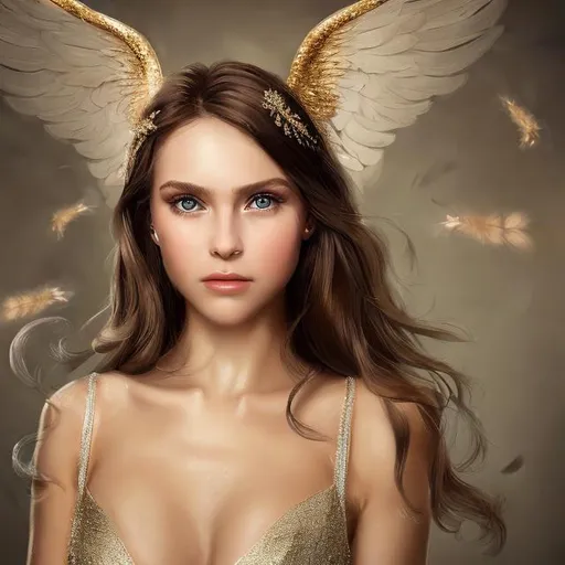 Prompt: a girl with angel wings dresed in a withe dress that has gold accesories
