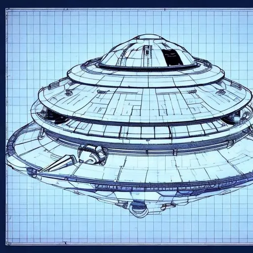 Prompt: draw me a flying saucer ufo as a blueprint with 3 levels. the first level is the cockpit, the middle is for crew, and the bottom is where the engines are. Draw with a blue background and white lines 