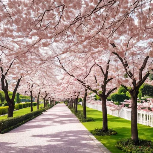 Prompt: avenue with white houses and pink blossom trees